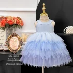 Robe princesse fée française été 2025 pour filles style européen tissu doux dégradé bleu pastel longueur genou robe de fête 46 ans