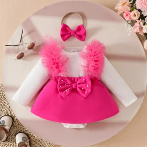 Robe automne fille bébé 02 ans côtelé manches longues jupette tulle rose nœud headband tenue fête occasion spéciale