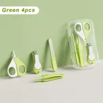 Ciseaux à ongles pour bébé kit soins ongles coupeongles portable pince à épiler lime à ongles boîte de rangement 4 pièces design moderne couleur verte