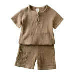 Ensemble été coton gaufré beige KIDS TALE enfants 27 ans haut manches courtes short confort respirant