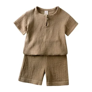 Ensemble été coton gaufré beige KIDS TALE enfants 27 ans haut manches courtes short confort respirant
