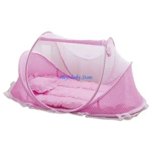 Lit d&rsquo;appoint bébé portable avec filet de protection respirant rose pastel design moderne et sécuritaire pour camping voyages et maison