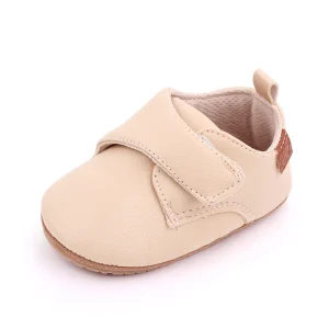 Chaussures bébé premier pas simili cuir Velcro beige unisexe antidérapante confortable design épuré poussette accessoire
