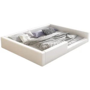Lit bébé moderne minimaliste design contemporain tissu doux sans tête de lit blanc pur matelas standard cadre bois mousse rembourré