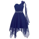 Robe princesse fille asymétrique épaule dénudée tulle fleurs fête mariage demoiselle d&rsquo;honneur ceinture perlée brillante bleu marine