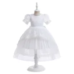 Robe d&rsquo;hôte de fête pour filles robe de bal princesse style manches à bulles jupe en tulle ceinture satin blanc fleurs dentelle 38 ans