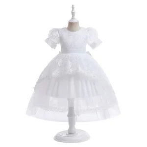Robe d&rsquo;hôte de fête pour filles robe de bal princesse style manches à bulles jupe en tulle ceinture satin blanc fleurs dentelle 38 ans