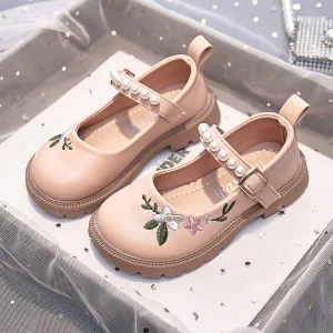 Chaussures princesse brodées en cuir synthétique pour enfant ballerines souples rose pâle Floral perles semelle caoutchouc confort durable occasion spéciale Chaussures princesse brodées en cuir synthétique pour enfant ballerines souples rose pâle Floral perles semelle caoutchouc confort durable occasion spéciale