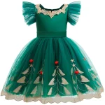 Robe de soirée pour filles robe princesse verte Noël anniversaire fêtes robe longueur genou tissu satiné tulle motifs dorés pompons rouges cadeau enfant fille