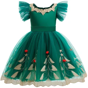 Robe de soirée pour filles robe princesse verte Noël anniversaire fêtes robe longueur genou tissu satiné tulle motifs dorés pompons rouges cadeau enfant fille