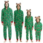 Tenues assorties de noël pour la famille, combinaison une pièce à capuche avec oreilles d&rsquo;élan, barboteuse, ensemble de vêtements pour adultes et enfants, pyjama Look de noël – green