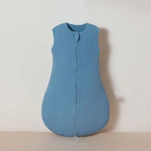 Sac de couchage bébé en mousseline de coton doux fermeture éclair double sans manches été bleu