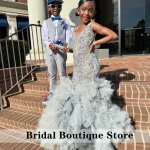 Robe Sirène à Fleurs Argentées et Pailletées pour Fille Tenue de Luxe à Volants et Plusieurs Niveaux avec Perles pour Mariage Citroënds