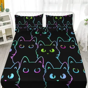 Ensemble de literie 4 pièces pour enfants drap housse et taies d&rsquo;oreiller chat mignon style kawaii lit double idéal chambre enfant ado adulte
