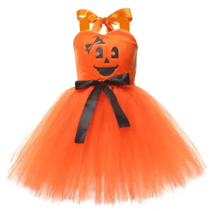 Robe costume Halloween citrouille pour filles tulle orange motif sourire citrouille accessoire fêtes enfant robe tutu déguisement carnaval
