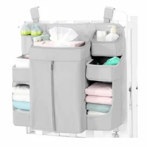 Organisateur de couches multipoches sans BPA panneau PVC conteneur suspendu pour lit de bébé polyester light grey