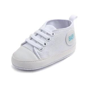 Baskets en toile légères pour bébés chaussures souples coordonnées premiers pas 018 mois style moderne blanc bleu logo Baby toutes saisons