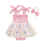 Robe bébé fille 1er anniversaire tissu coton tulle motifs colorés oiseaux headband rose style doux évasé