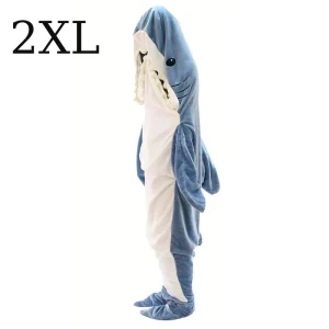 Couverture à capuche bleue pour adultes sac de couchage requin doux vêtements de détente une pièce vêtements de nuit confortables et chauds pour l&rsquo;hiver vêtements de maison amusants  2XL