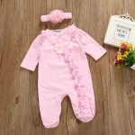 Ensemble Romper et Bandeau en Dentelle Fille NouveauNé 2 Pièces Manches Longues Fleurs en Coton Cadeau Naissance Fille