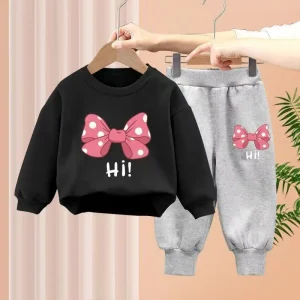 Ensemble 2 pièces bébé fille sweatshirt manches longues pantalon coton motif nœud rose pois blanc style casual Ensemble 2 pièces bébé fille sweatshirt manches longues pantalon coton motif nœud rose pois blanc style casual