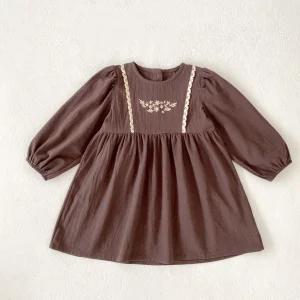 Robe pour enfant longues manches fleuri broderie vintage automne maternelle princesse coton doux durabilité sécurité qualité premium