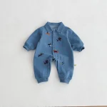 Romper bébé unisexe en denim vêtement d&rsquo;automne avec broderies style mignon idéal pour les sorties et les fêtes de premier anniversaire