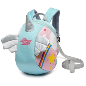 Sac à dos harnais pour enfant Toddler design licorne ange 15 ans antiperte ailes mignonnes matériau nylon marque Luci Kaku bleu pastel rose jaune multicolore