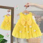 Robe été bébé fille style graphique canards mignons tissu léger coupe évasée nœud devant dos ajustable