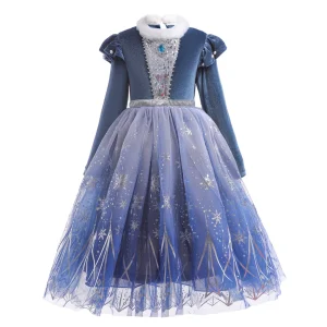 Robe princesse La Reine des Neiges Disney pour filles 46 ans maille fantaisie imprimé flocon de neige robe bal anniversaire carnaval Halloween automne hiver Robe princesse La Reine des Neiges Disney pour filles 46 ans maille fantaisie imprimé flocon de neige robe bal anniversaire carnaval Halloween automne hiver