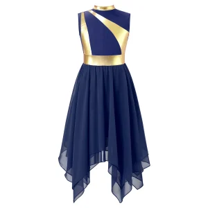 Robe de cérémonie pour enfants filles style moderne robe de danse lyrique vêtements de célébration liturgique bleu marine doré polyester robe élégante pour filles 713 ans