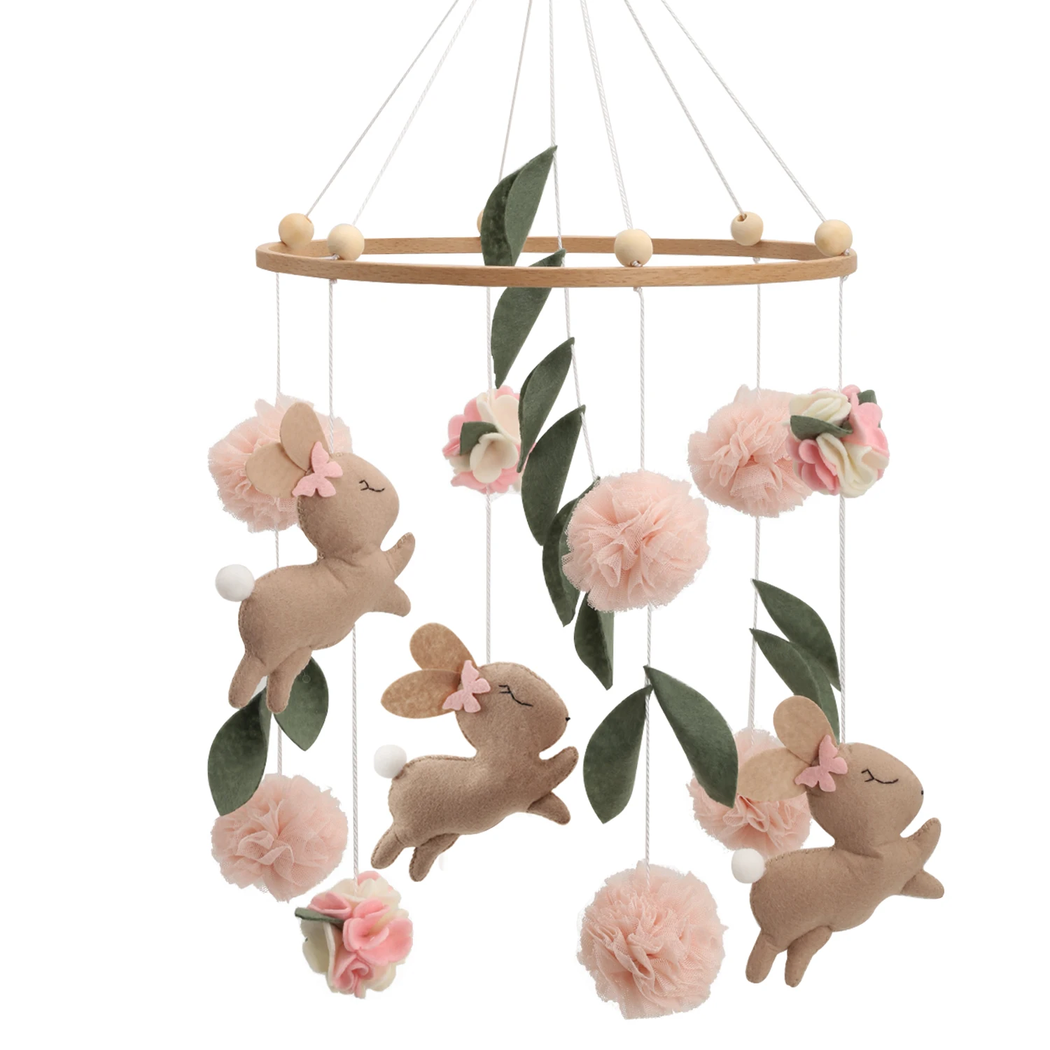 Mobile bébé lapin en feutre fleurs filles garçons déco chambre berceau cadeau naissance poussette easy