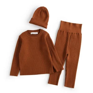 Ensemble vêtements bébé 04 ans pull manches longues pantalon taille haute bonnet assorti tricot côtelé 3 pièces  brun