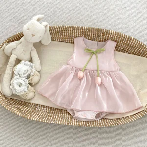 Robe d&rsquo;été princesse fille bébé style occidental robe sans manches jupe évasée nœud satin accessoires inclus peluche lapin été 2025