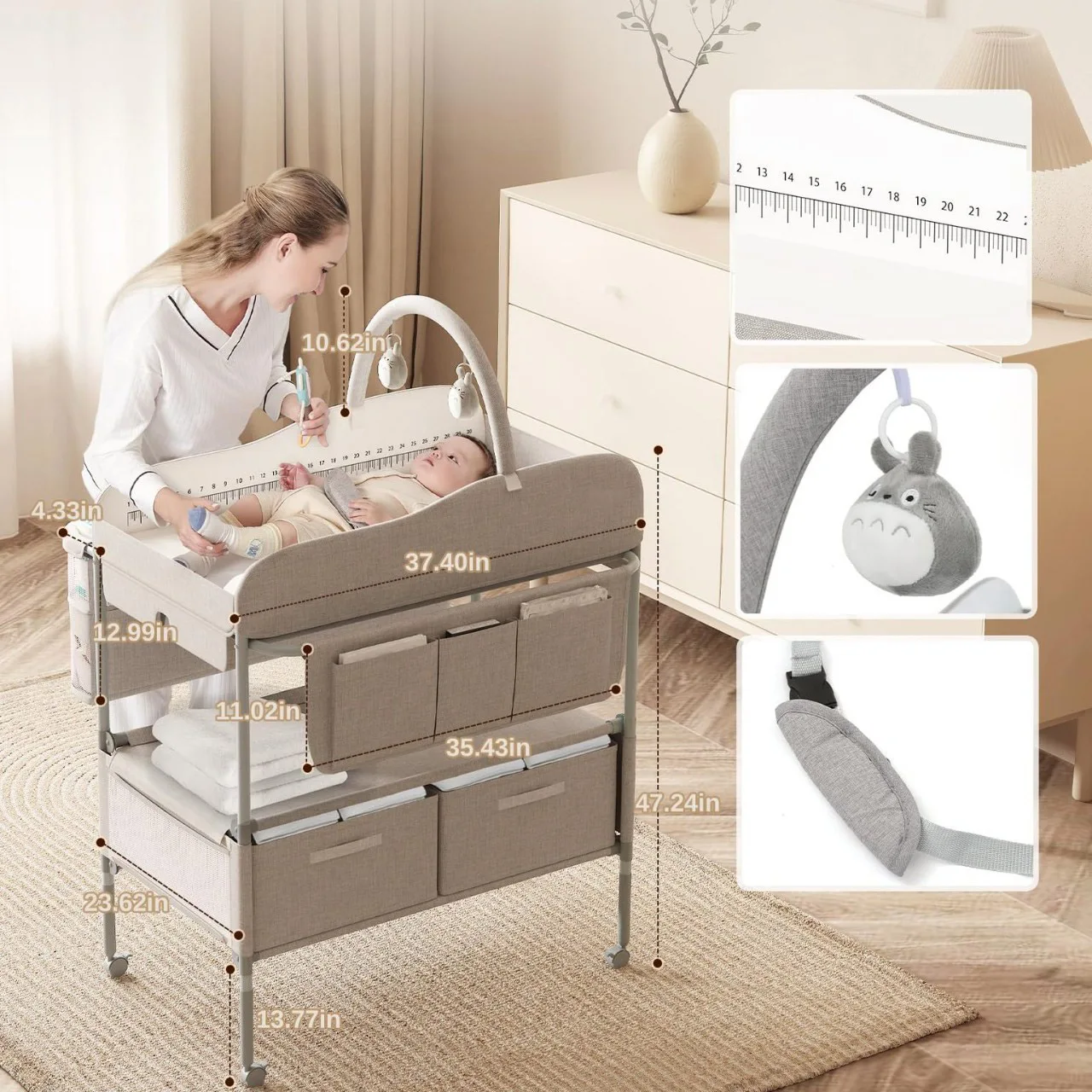Chariot rangement bébé moderne avec roulettes 多 compartiments tissu et plastique design épuré idéal pour chambre bébé et table à langer