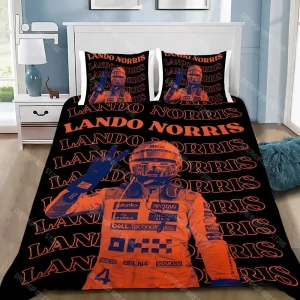 Ensemble literie F1 Lando Norris housse de couette et taies d&rsquo;oreiller décoration chambre enfant ado garçon fille lit double couleur noire et orange cadeau sportif