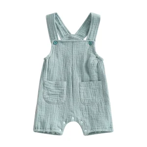 Romper bébé été coton vert clair bretelles boutons poches sans manches 02 ans fille garçon confort pratique