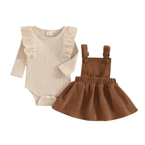 Ensemble vêtements bébé fille body côtelé à volants salopette velours côtelé tenue automne hiver douce et confortable
