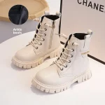 Bottines filles mode enfants CHANELL blanc cuir simili lacets métal fermeture éclair latérale antidérapante automne hiver