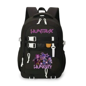 Sac à dos école adolescents jeunes adultes style moderne tendance HUNTRAX logo violet HUNGRY design graphique personnages colorés sportswear polyester durable