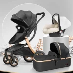 Poussette 3 en 1 luxe siège auto incl. couffin cuir PU design moderne doré nouveauné bébé 03 ans facile à plier haute qualité collection 2024