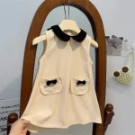 Robe sans manches pour filles style rétro crème et noir nœuds décoratifs 36 ans vêtements élégants bébé fille