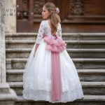 Robe de communion personnalisée bohème pour enfant manches longues nœud broderie robe demoiselle d&rsquo;honneur matière douce qualité premium