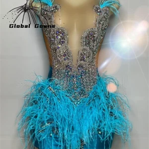 Robe courte en satin bleue pour fille perles luxueuses fête d&rsquo;anniversaire occasion spéciale robe élégante pour enfants 2024