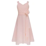 Robe de Soirée Élégante pour Adolescentes Tenue de Princesse en Mousseline Corsage Froncé pour Bal Mariage Anniversaire Demoiselle d&rsquo;Honneur  Rose Poudré