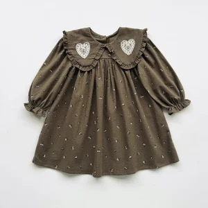 Robe décontractée pour filles style rétro floral manches longues col rond festonné coton doux pour enfants 36 ans automne hiver Robe décontractée pour filles style rétro floral manches longues col rond festonné coton doux pour enfants 36 ans automne hiver