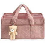Panier de rangement suspendu pour bébé organisation chambre enfant accessoire poussette cadeau maman rose pâle texture douce poignées rembourrées petit ours en peluche