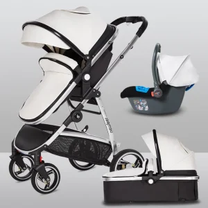 Poussette bébé 3 en 1 en cuir PU blanc avec siège auto pour nouveauné White 3 in 1 Poussette bébé 3 en 1 en cuir PU blanc avec siège auto pour nouveauné White 3 in 1