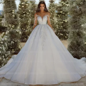 Robe de mariée princesse élégante manches longues col V dos nu tulle personnalisée 2025