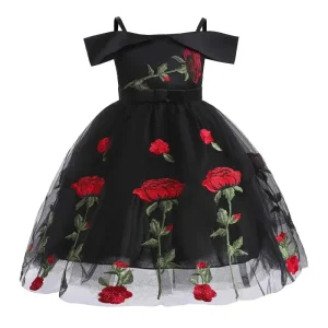 Robe d&rsquo;été à fleurs pour filles 310 ans robe de soirée mariage cérémonie style européen dentelle polyester noire et rouge jupe évasée